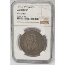 ITALY 1875 M BN . FIVE 5 LIRA COIN . NGC ERROR